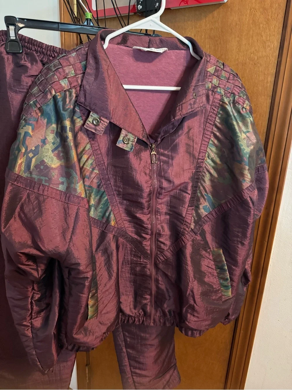 Source Unknown Maroon Track Jacket and Pants Set with Iridescent Camo Panels